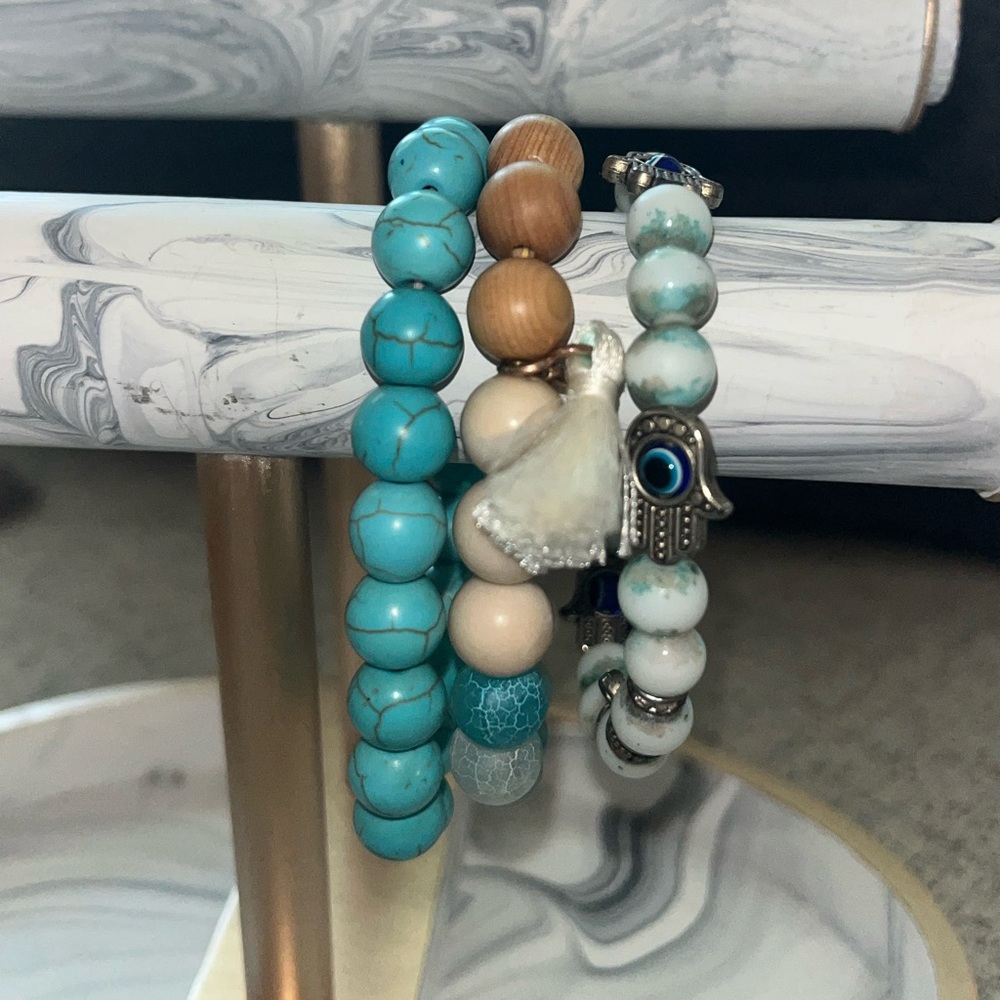 š3for20 Anthropologie Boho Beachy Summer Bracelet Set Quartz Evil Eye - Picture 2 of 3